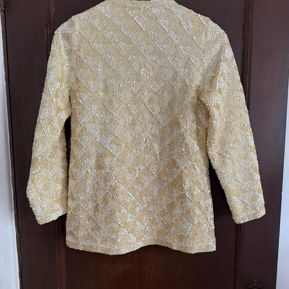 1950s Vintage  Creamy Butter Yellow Sequin Patterned Evening Jacket Blazer XS - Picture 6 of 9
